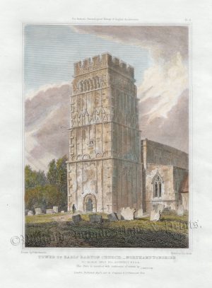 'TOWER OF EARLS BARTON CHURCH NORTHAMPTONSHIRE.' by F. Mackenzie / J. Le Keux c.1818