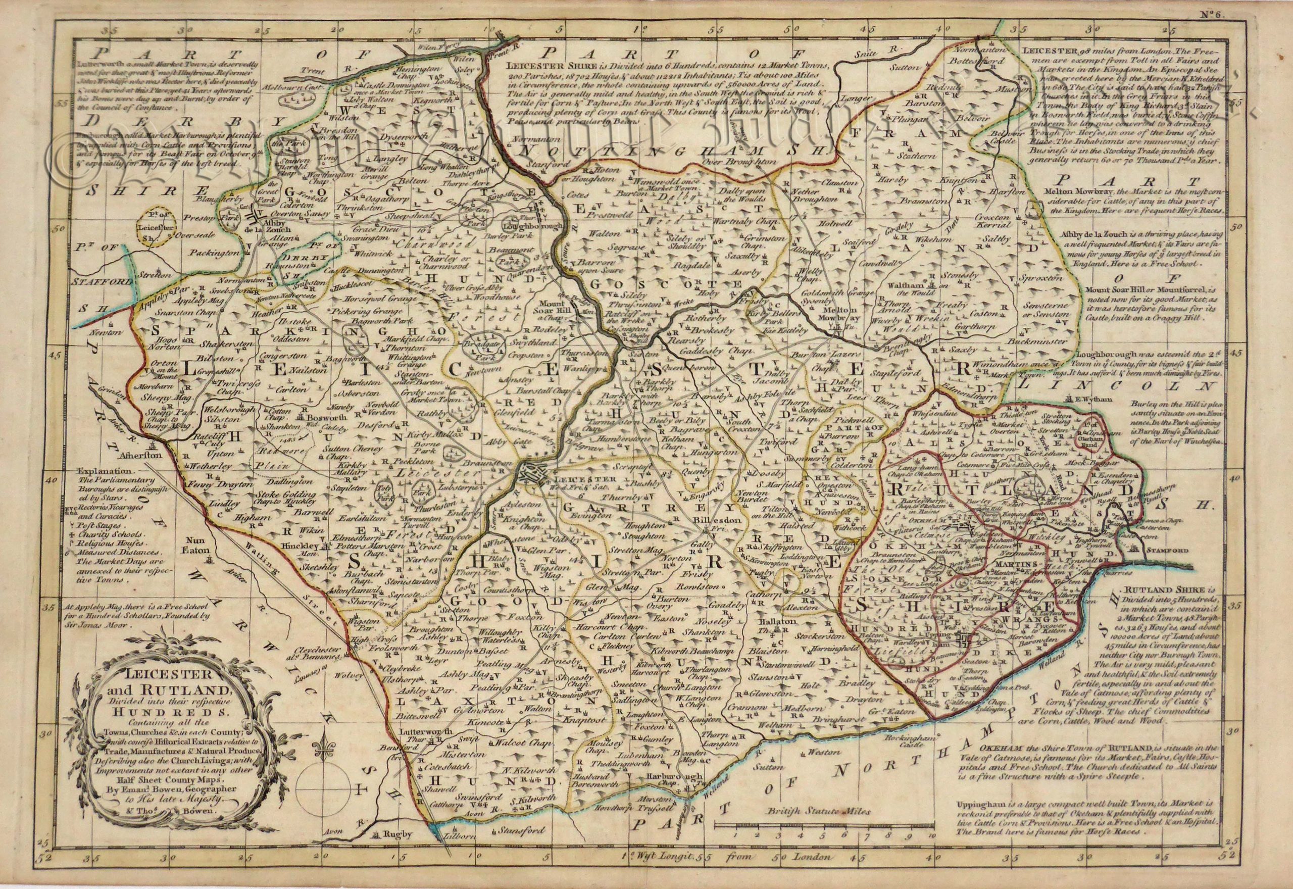 'LEICESTER and RUTLAND, Divided into HUNDREDS' by Emanuel & Thomas Bowen c.1767
