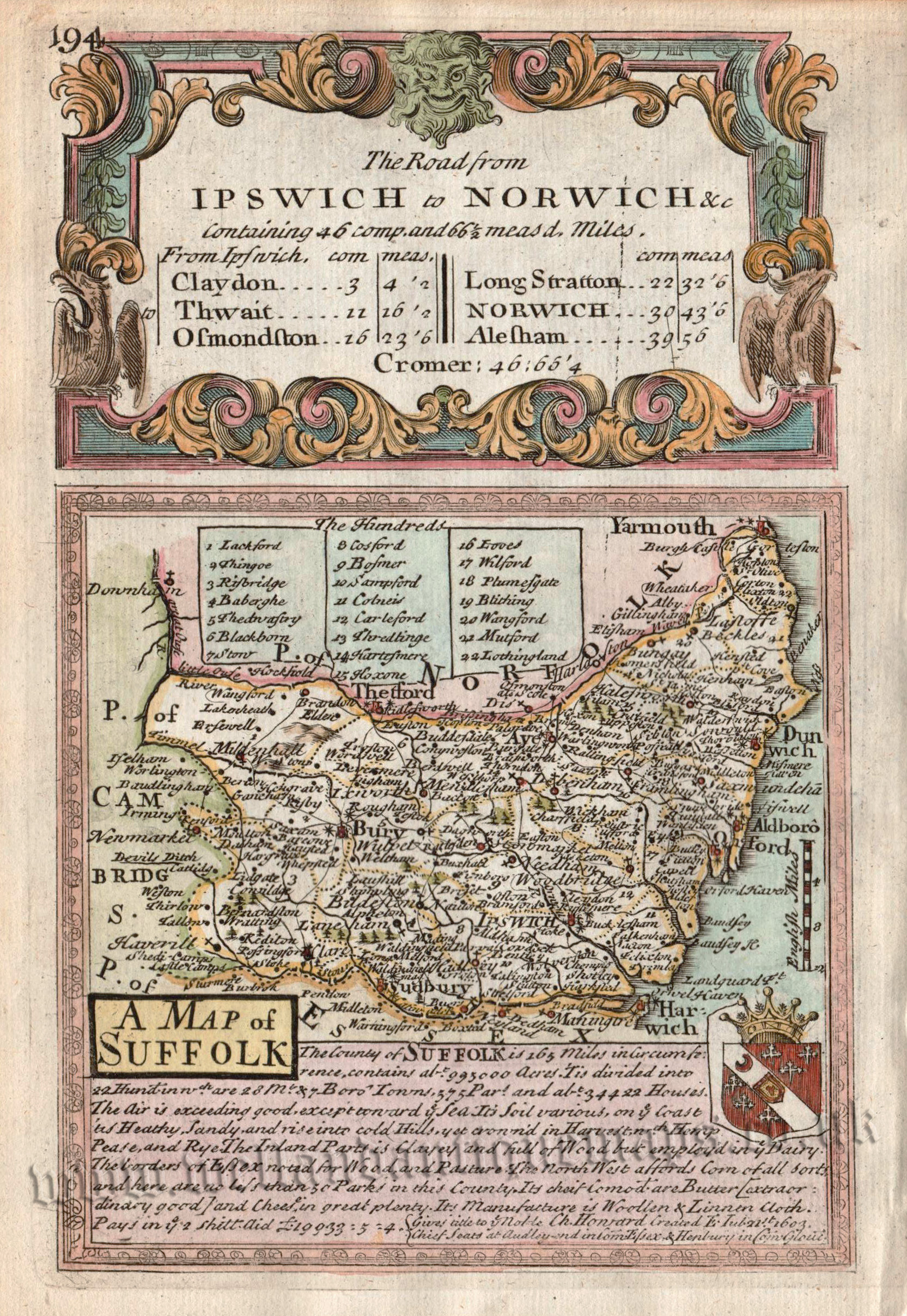 'A MAP of SUFFOLK' by J. Owen & E. Bowen of  c.1720-1764 (double sided)