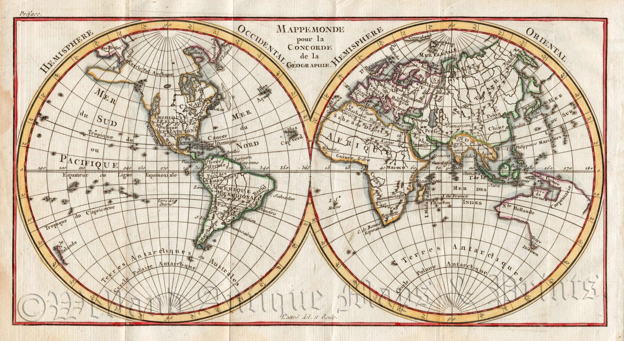 'MAPPEMONDE pour la CONCORDE de la GEOGRAPHIE.' by A. Pluche / J. Lattre c.1795