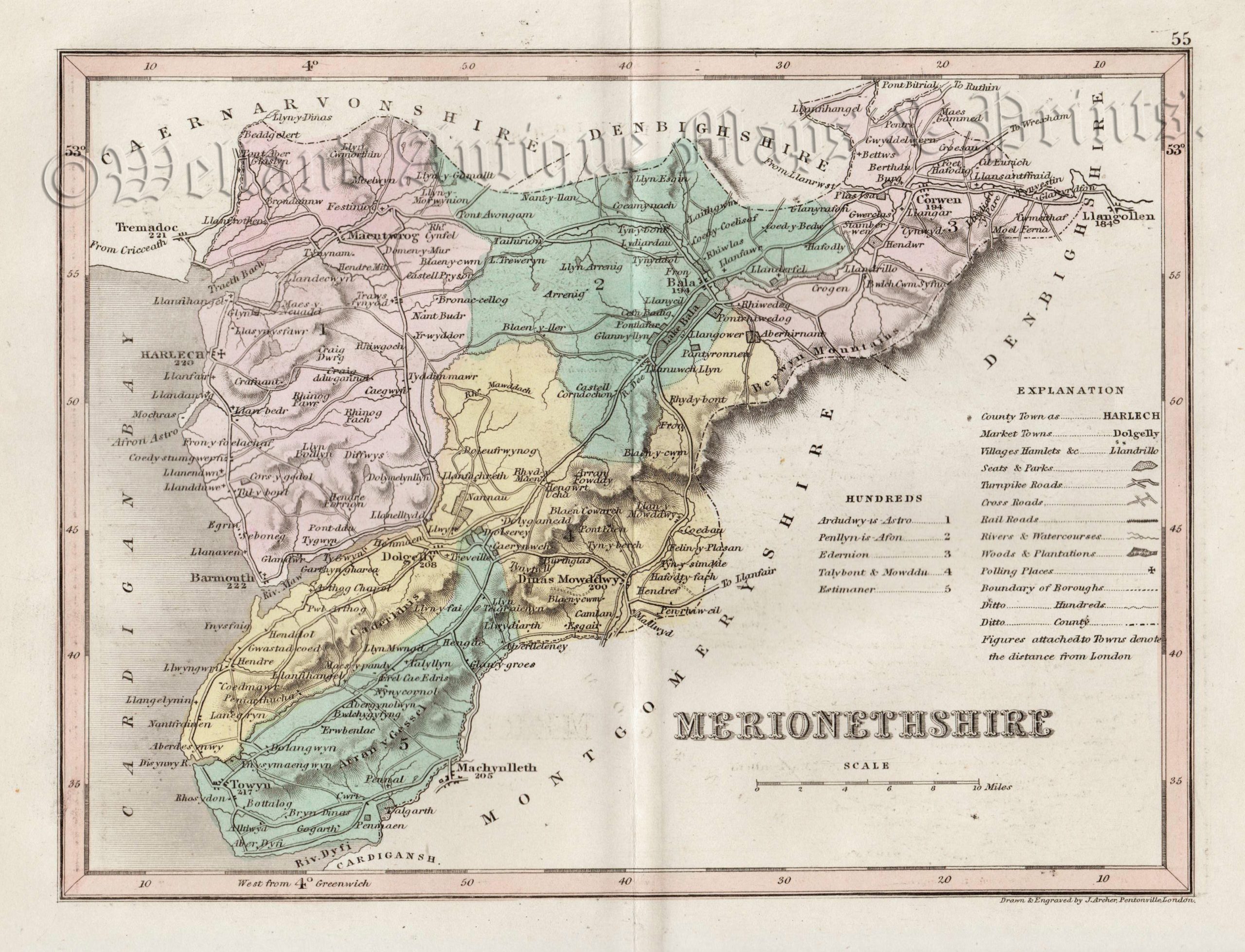 MERIONETHSHIRE By Joshua Archer C 1855 Welland Antique Maps MERIONETHSHIRE By Joshua Archer C 1855 Welland Antique Maps
