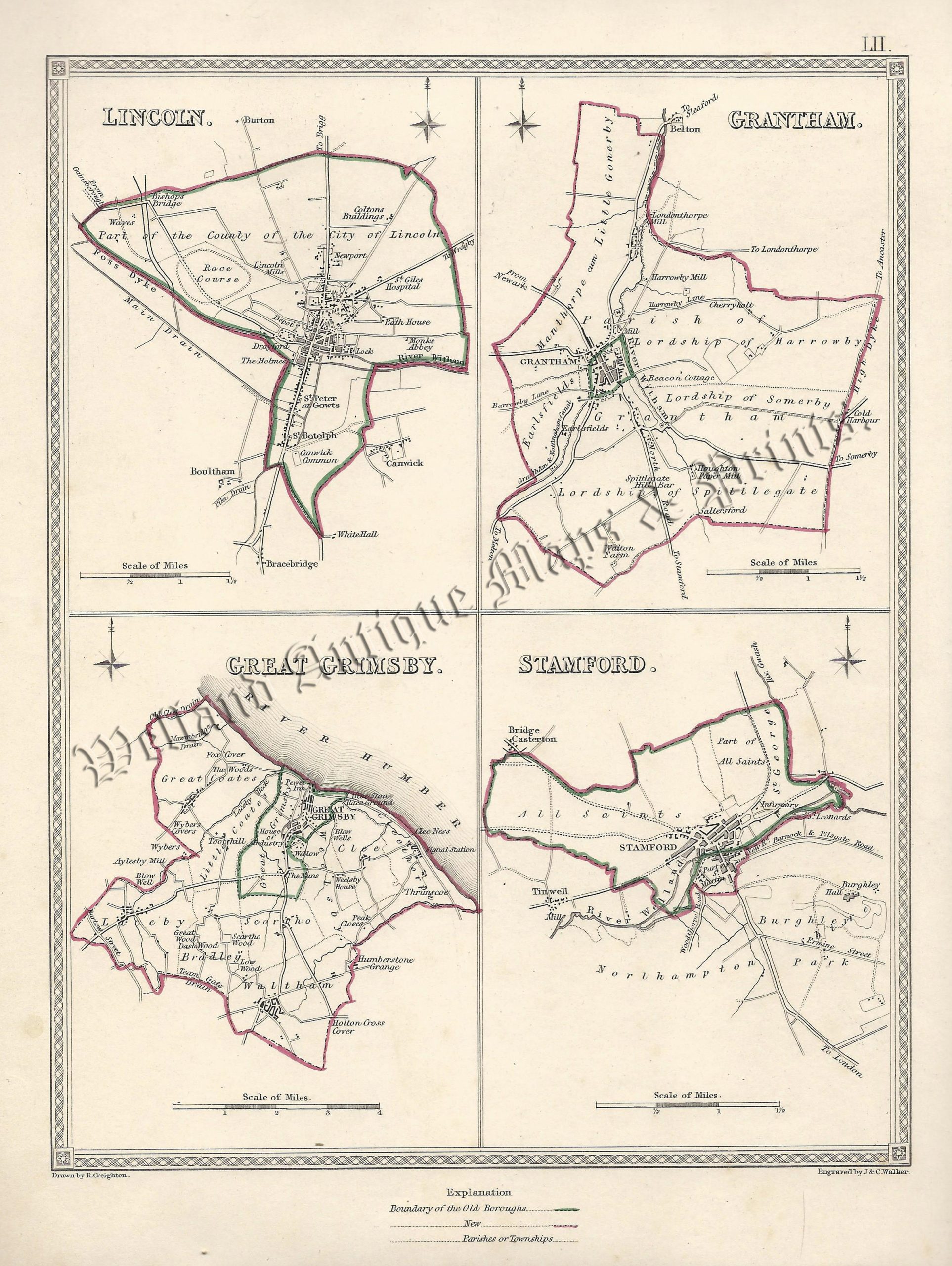 'LINCOLN.', 'GRANTHAM.', 'GREAT GRIMSBY.', 'STAMFORD.' by R. Creighton / J. & C. Walker c.1835