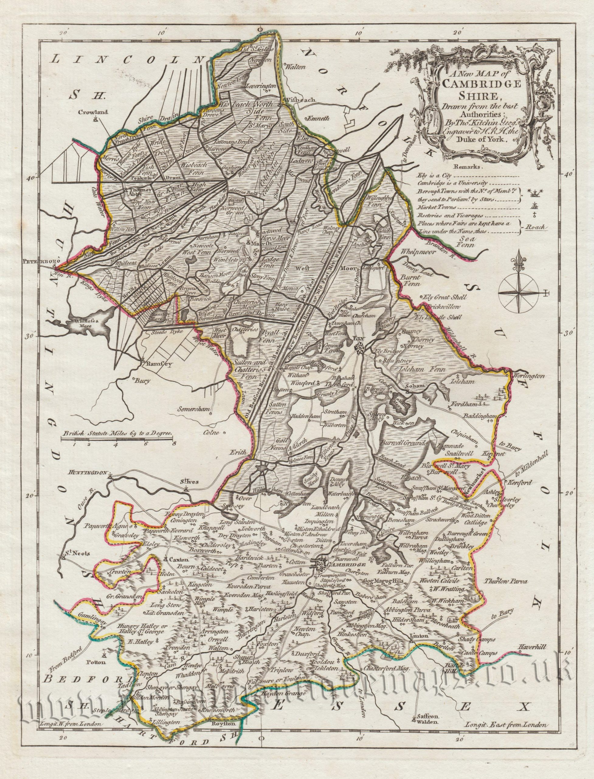 'A New MAP of CAMBRIDGE SHIRE' by Thomas Kitchin (ex England Illustated - original hand colour) c.1764