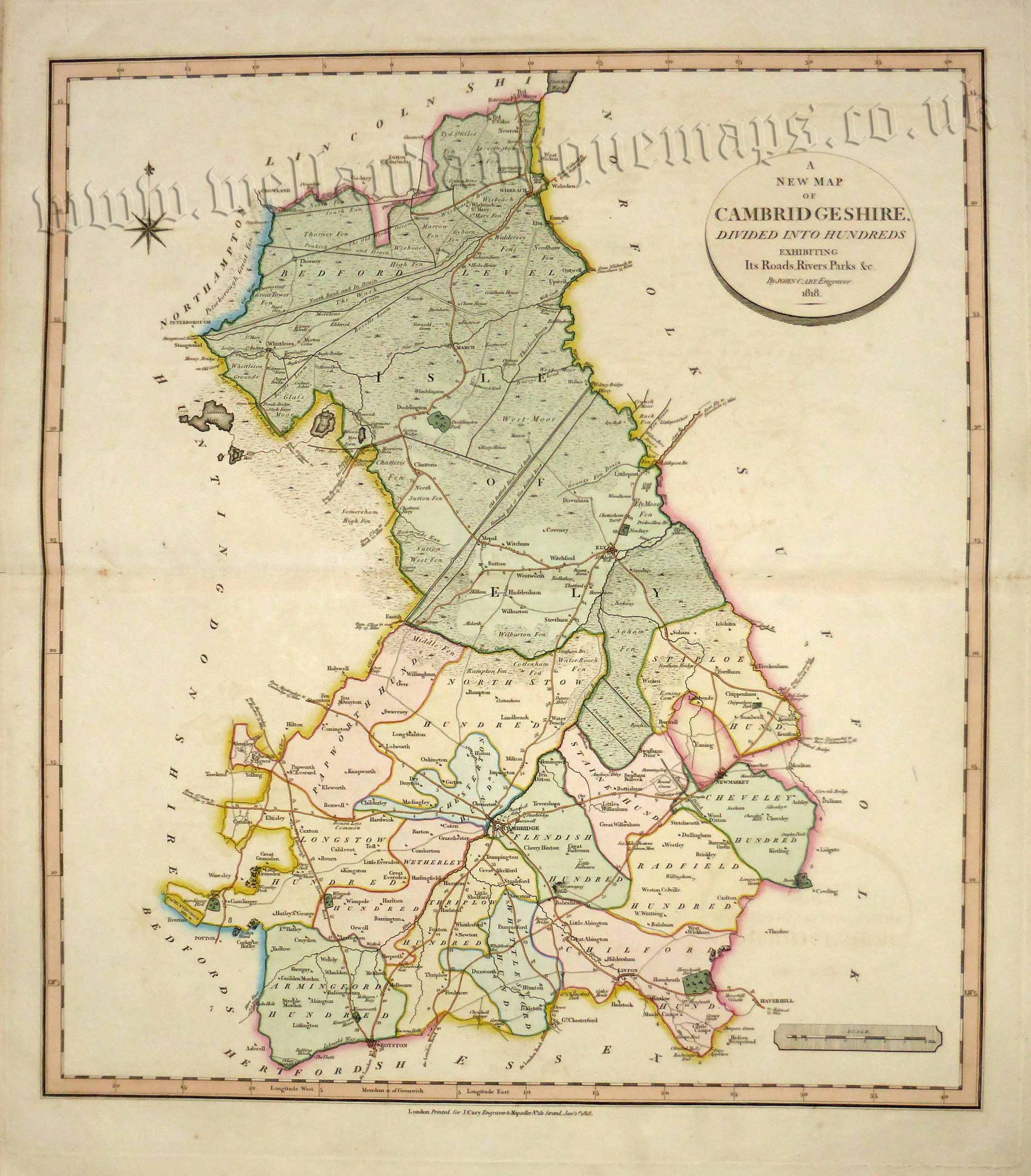 'A NEW MAP OF CAMBRIDGESHIRE, DIVIDED INTO ITS HUNDREDS ... By JOHN CARY Engraver' c.1818