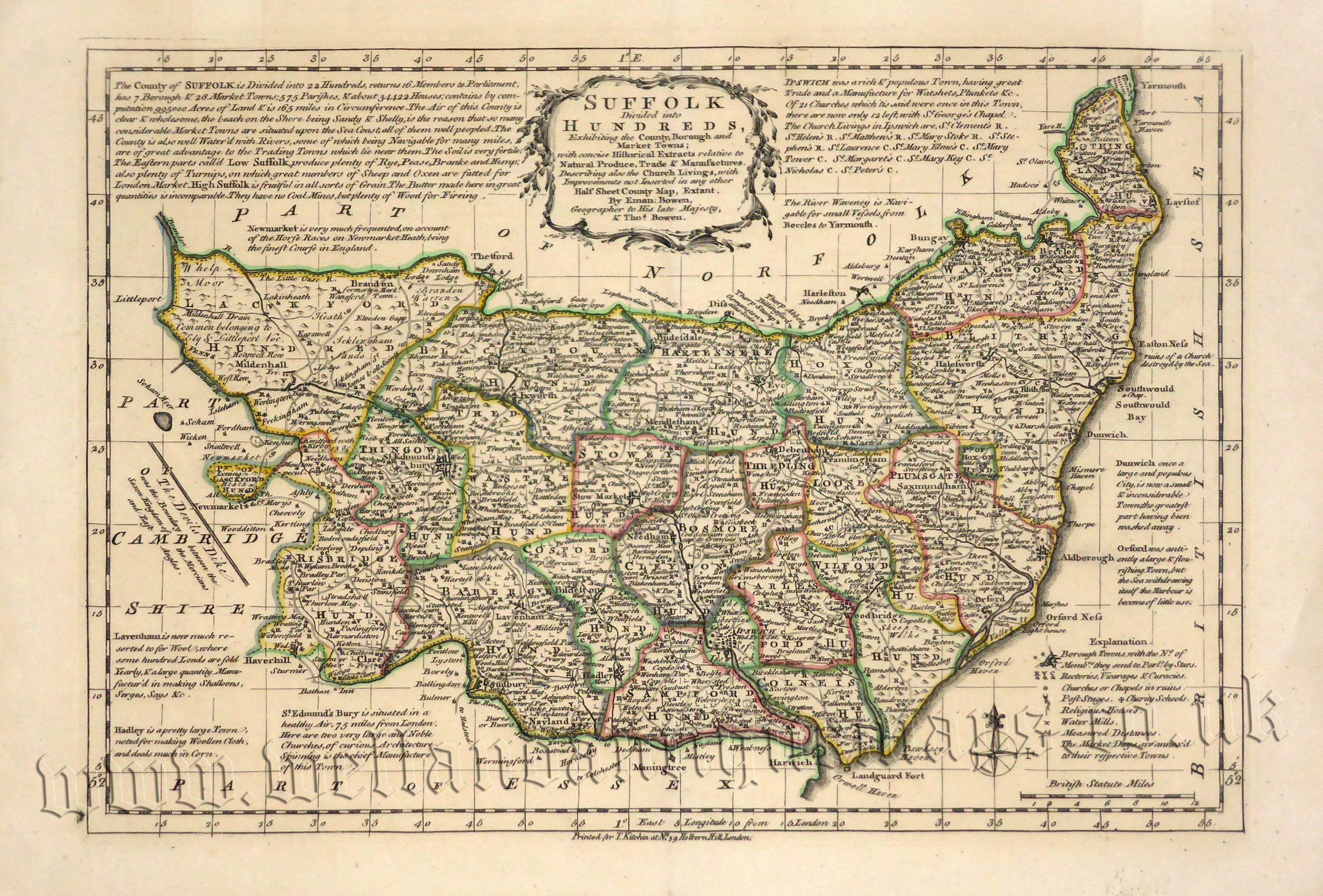  SUFFOLK Divided Into HUNDREDS By E T Bowen C 1777 Welland 