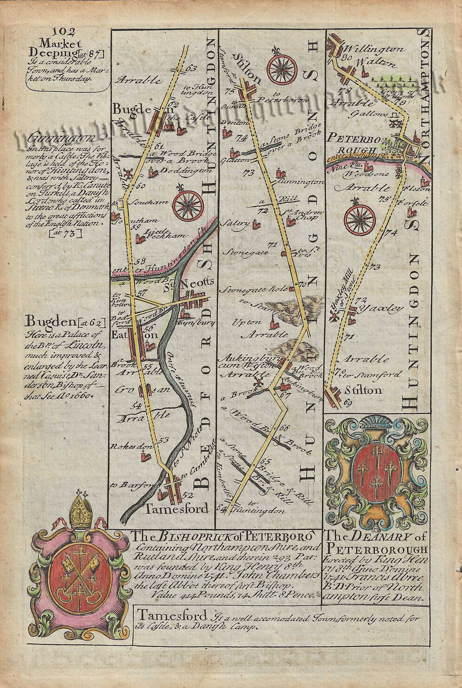 Page 102: Tempsford to Peterborough (via St.Neots & Stilton) by J. Owen & E. Bowen c.1720-1764