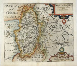 ‘NOTINGAMIAE Comitatus olim CORITANORUM’ (Nottinghamshire) by Saxton / Kip c.1610