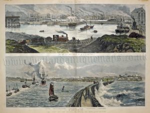 'THE NEW COBLE DENE DOCK AT THE MOUTH OF THE TYNE.' / 'THE MOUTH OF THE TYNE.' by W. H. Overend / I.L.N. c.1884