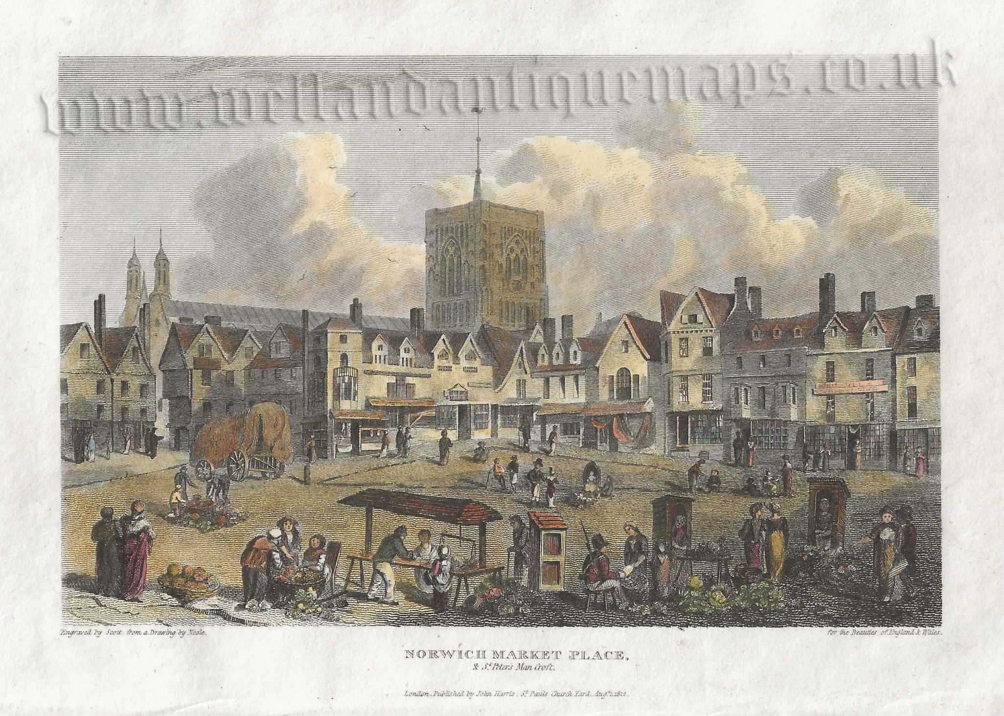 ‘NORWICH MARKET PLACE & St. Peter’s Man Croft.’ by Neale / Scott c.1812