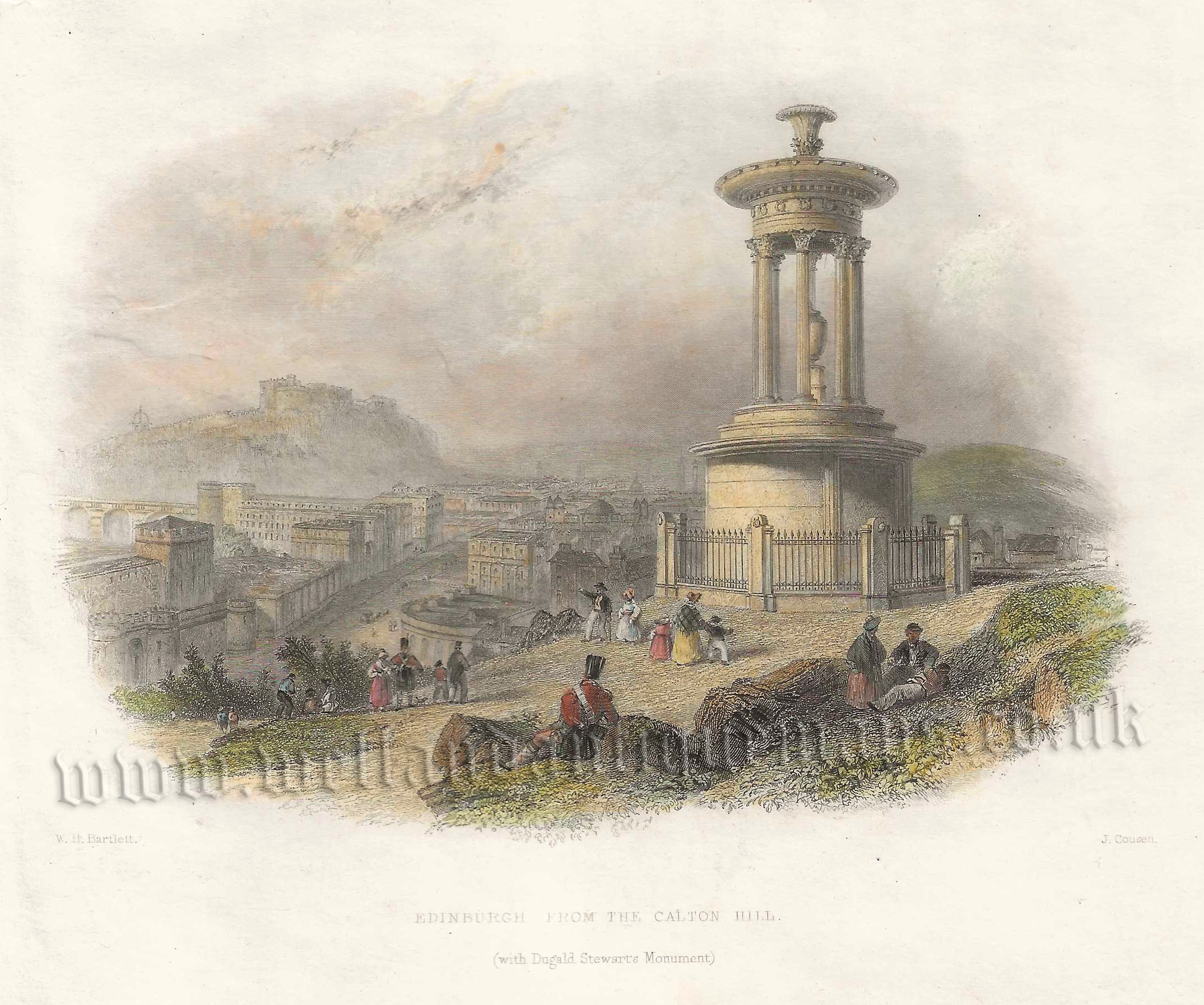 'EDINBURGH FROM THE CALTON HILL. (with Dugald Stewart's Monument) by W. H. Bartlett / C. Cousen c.1838