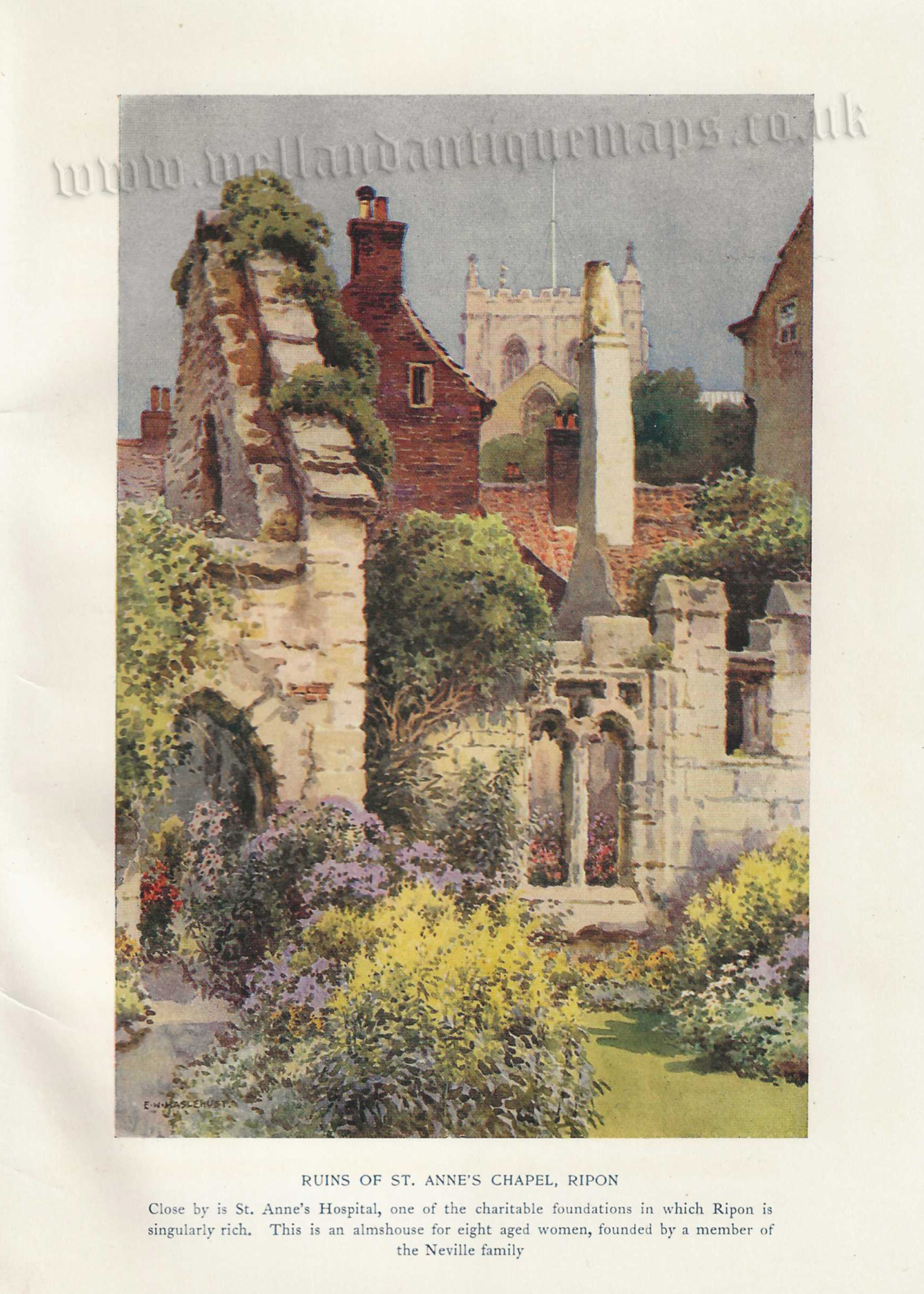 'RUINS OF ST. ANNE'S CHAPEL, RIPON' by E. W. Haslehust c.1920-1940