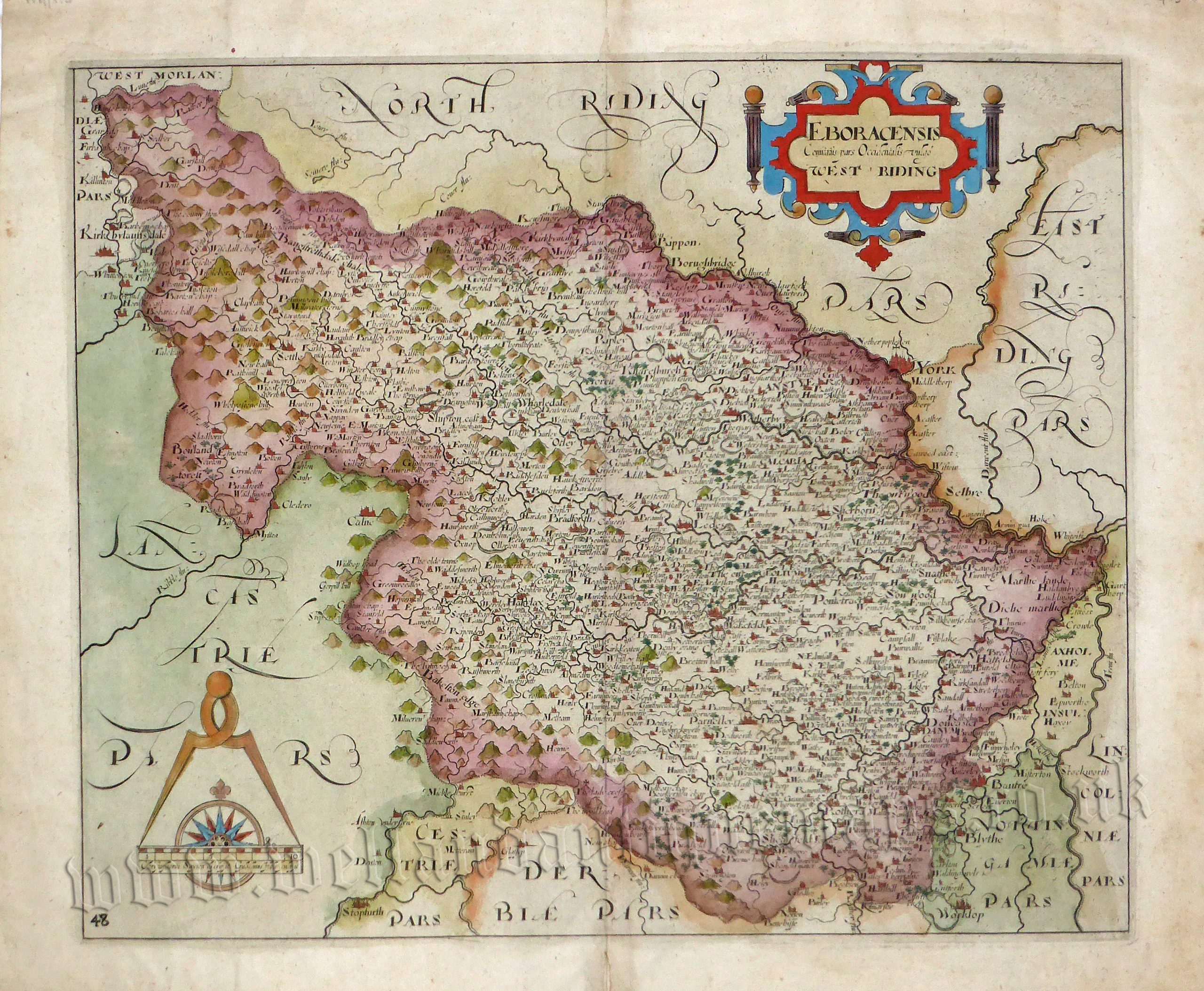 'EBORACENSIS Comitatus pars Occidentalis vulgo WEST RIDING' (Yorkshire) by Saxton / Hole c.1637