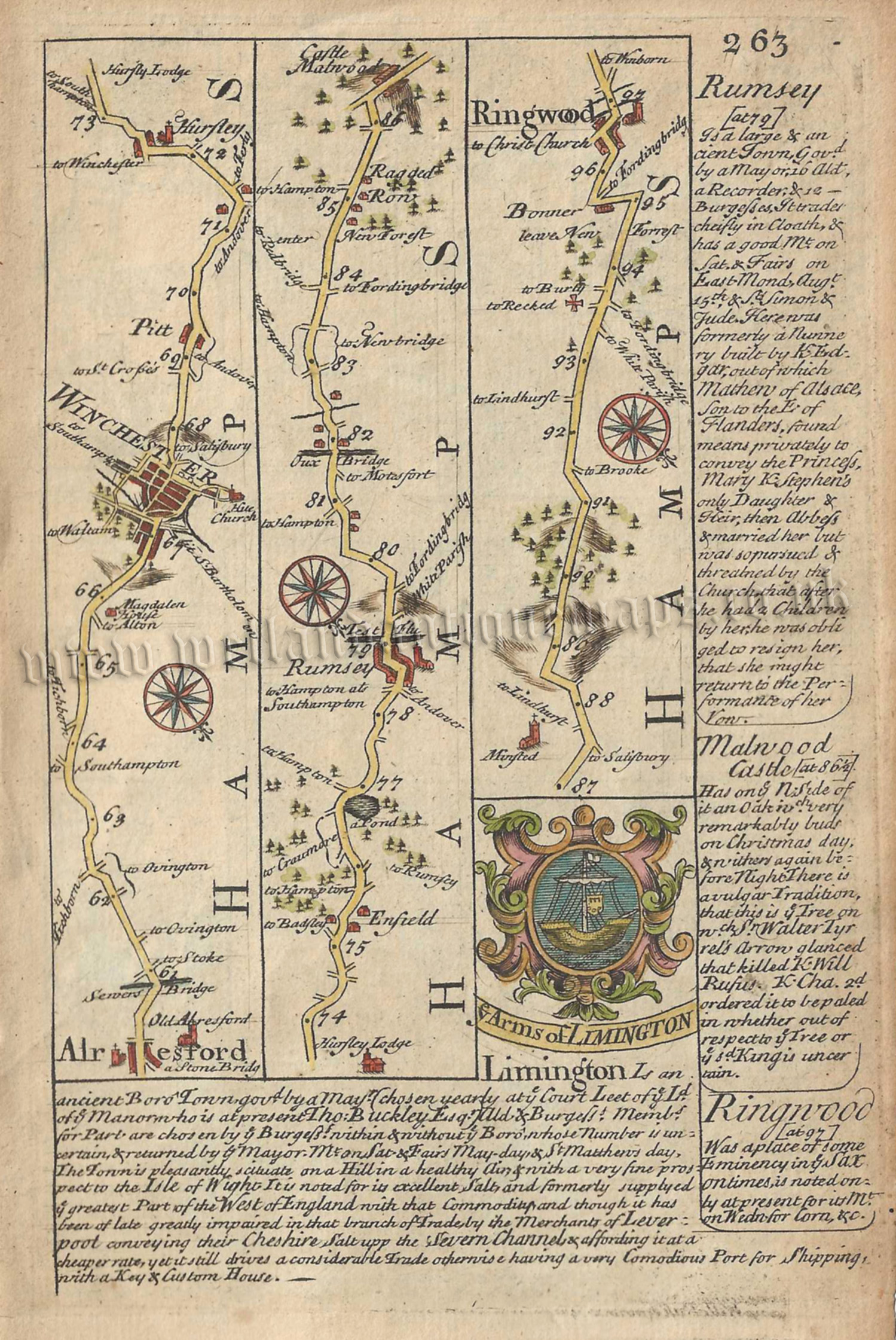 Page 263 & 264: Road from Alresford to Southampton (via Winchester, Poole & Christchurch) by J. Owen / E. Bowen c.1720
