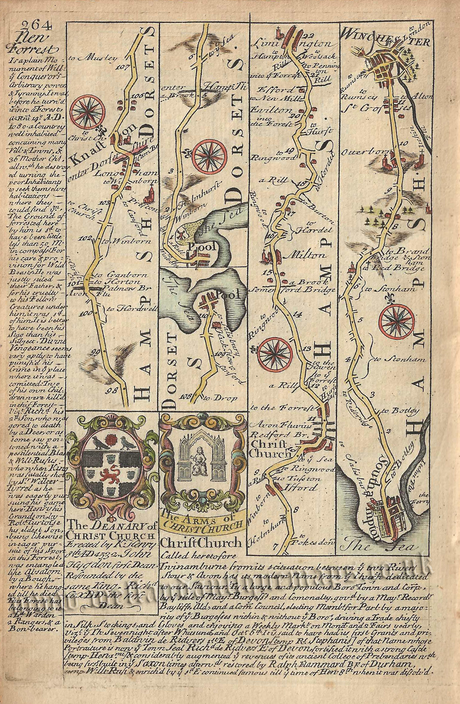 Page 263 & 264: Road from Alresford to Southampton (via Winchester, Poole & Christchurch) by J. Owen / E. Bowen c.1720 - Image 2