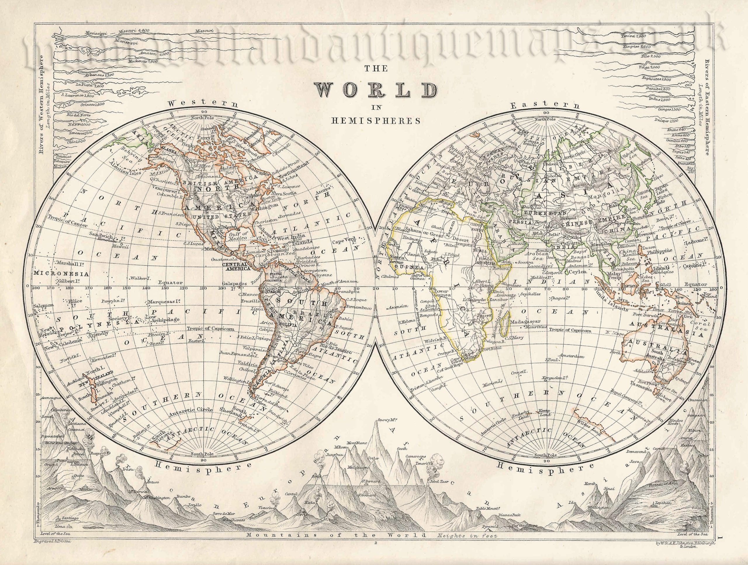 'THE WORLD IN HEMISPHERES' by W. & A. K. Johnston c.1877