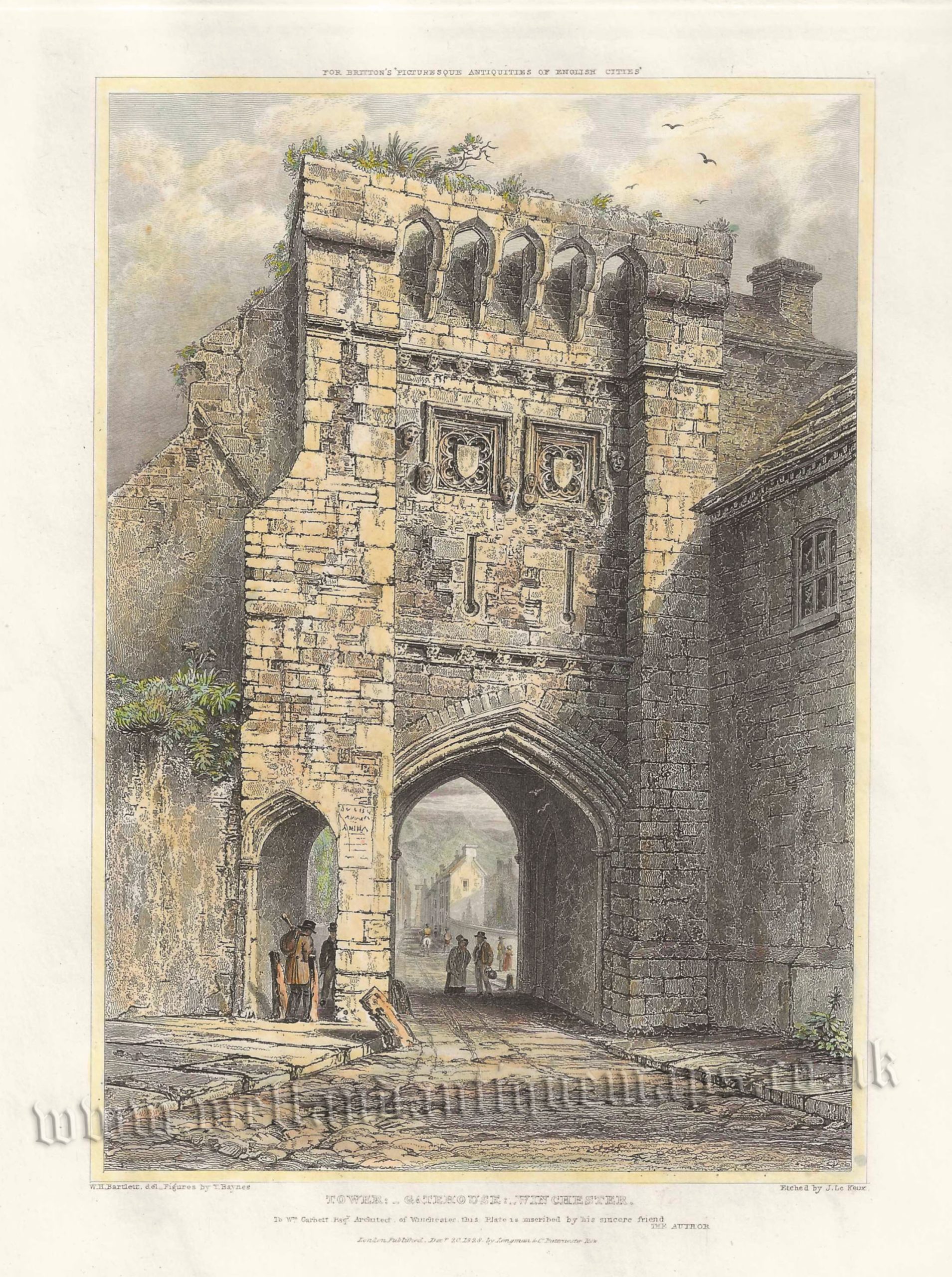 'TOWER: _ GATEHOUSE : _ WINCHESTER.' (Westgate, Winchester) by W. H. Bartlett / T. Baynes / J. Le Keux c.1828